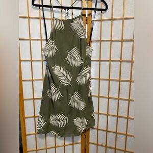 Green Sleeveless Dress with White Leaf Print
